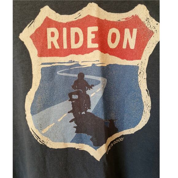 Life is Good Route Sign Ride On Blue V-neck Crusher Tee - Picture 3 of 5